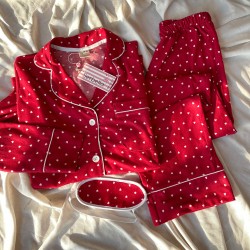 Kırmızı Kalp Desenli Örme Pazen Pijama Takımı
