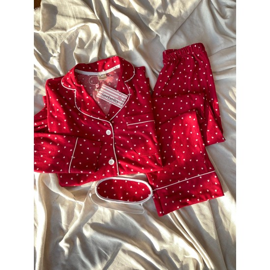 Kırmızı Kalp Desenli Örme Pazen Pijama Takımı Kırmızı Kalp Desenli Örme Pazen Pijama Takımı