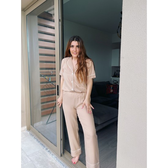 Kısa Kollu Pijamalar-Kahve Puantiyeli Dokuma Pamuk Kısa Kollu Pijama Takımı