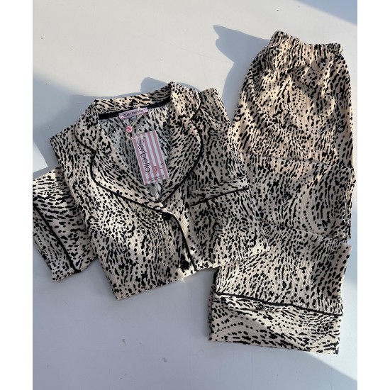 Kısa Kollu Pijamalar-Animal Leopar Gömlek Pantolon Pijama Takımı