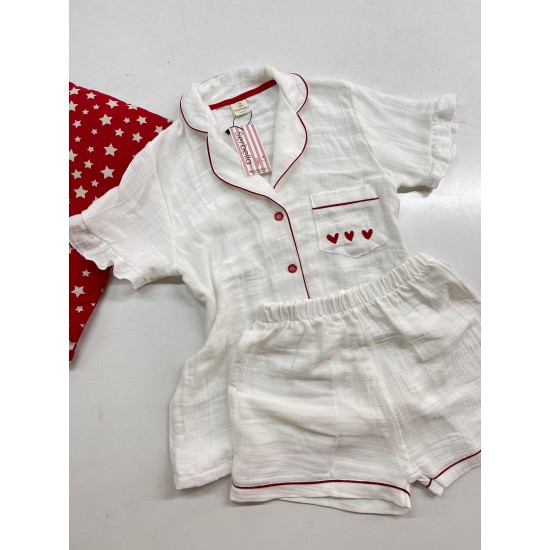 Red Love Beyaz Organik Müslin Şortlu Takım Red Love Beyaz Organik Müslin Şortlu Takım