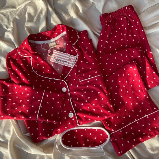 Kırmızı Kalp Desenli Örme Pazen Pijama Takımı Kırmızı Kalp Desenli Örme Pazen Pijama Takımı