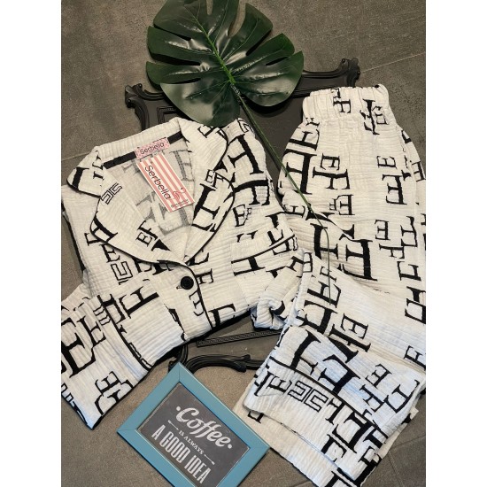 Uzun Kollu Pijamalar-White Müslin Letters Gömlek Pantolon Pijama Takımı Uzun Kollu Pijamalar-White Müslin Letters Gömlek Pantolon Pijama Takımı