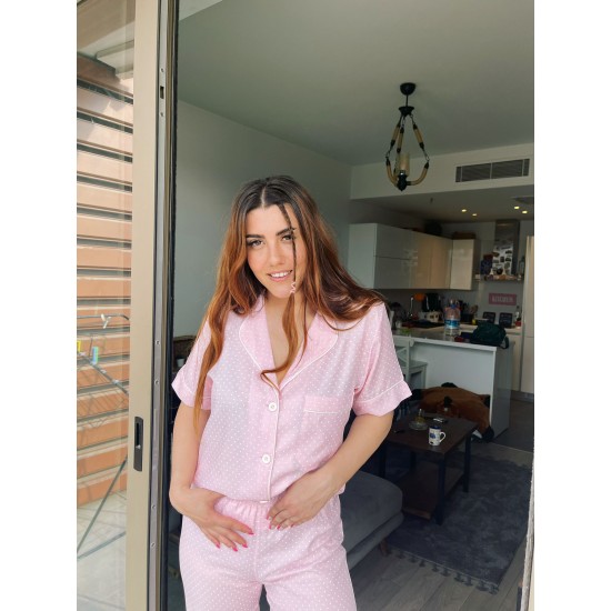 Kısa Kollu Pijamalar-Puantiyeli Dokuma Pamuk Kısa Kollu Pijama Takımı