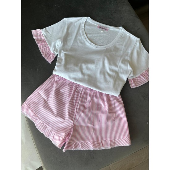 Şortlu Pijamalar-Pembe Çizgili Fırfırlı Şortlu Takım