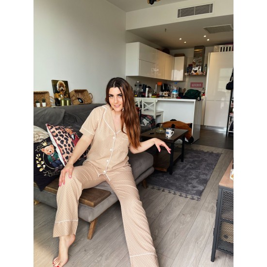 Kısa Kollu Pijamalar-Kahve Puantiyeli Dokuma Pamuk Kısa Kollu Pijama Takımı