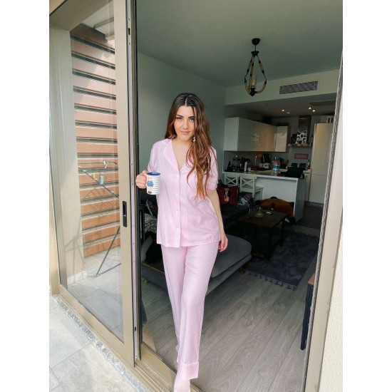 Kısa Kollu Pijamalar-Puantiyeli Dokuma Pamuk Kısa Kollu Pijama Takımı