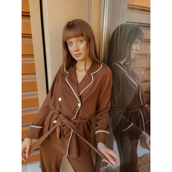 Uzun Kollu Pijamalar-Kahve Bürümcük Luxury Pijama Takımı Uzun Kollu Pijamalar-Kahve Bürümcük Luxury Pijama Takımı