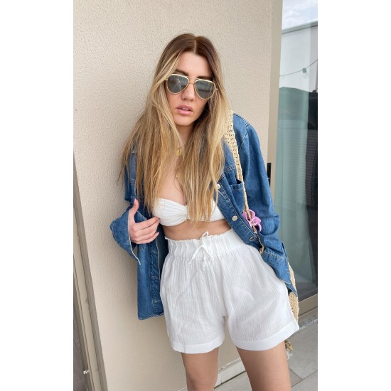 Şortlu Pijamalar-Beyaz Müslin Düğüm Crop Top Şort Takım