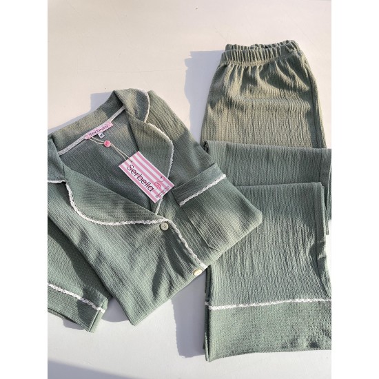 Kısa Kollu Pijamalar-Khaki Green Gömlek Pantolon Pijama Takımı Kısa Kollu Pijamalar-Khaki Green Gömlek Pantolon Pijama Takımı