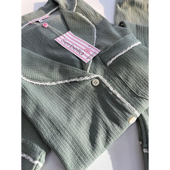 Kısa Kollu Pijamalar-Khaki Green Gömlek Pantolon Pijama Takımı Kısa Kollu Pijamalar-Khaki Green Gömlek Pantolon Pijama Takımı