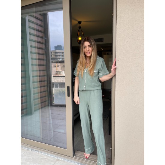 Kısa Kollu Pijamalar-Khaki Green Gömlek Pantolon Pijama Takımı Kısa Kollu Pijamalar-Khaki Green Gömlek Pantolon Pijama Takımı