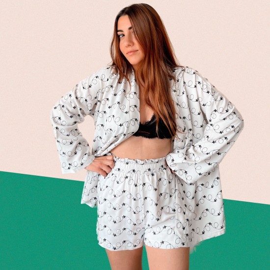 Şortlu Pijamalar-Beyaz Nakışlı Keten Kimono Takım Şortlu Pijamalar-Beyaz Nakışlı Keten Kimono Takım