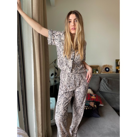 Kısa Kollu Pijamalar-Animal Leopar Gömlek Pantolon Pijama Takımı