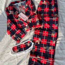 Ekose Kırmızı Tedy Desenli Örme Pazen Pijama Takımı