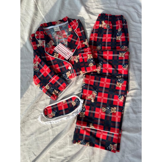 Ekose Kırmızı Tedy Desenli Örme Pazen Pijama Takımı Ekose Kırmızı Tedy Desenli Örme Pazen Pijama Takımı