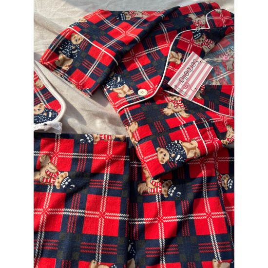 Ekose Kırmızı Tedy Desenli Örme Pazen Pijama Takımı Ekose Kırmızı Tedy Desenli Örme Pazen Pijama Takımı