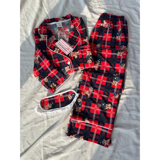 Ekose Kırmızı Tedy Desenli Örme Pazen Pijama Takımı Ekose Kırmızı Tedy Desenli Örme Pazen Pijama Takımı
