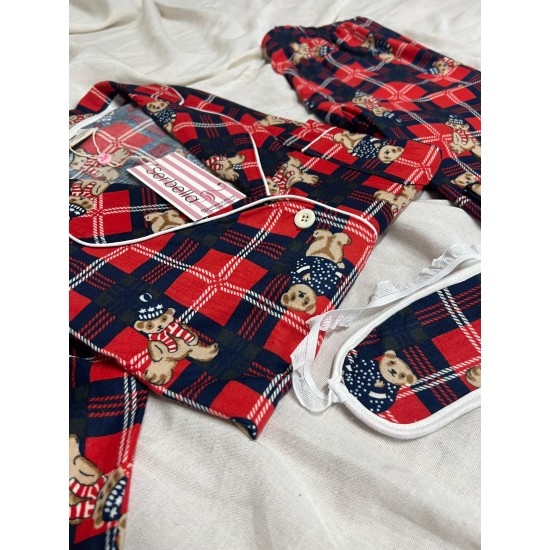 Ekose Kırmızı Tedy Desenli Örme Pazen Pijama Takımı Ekose Kırmızı Tedy Desenli Örme Pazen Pijama Takımı