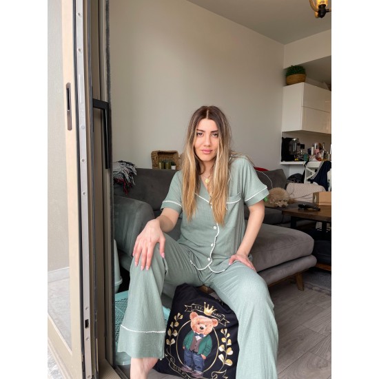 Kısa Kollu Pijamalar-Khaki Green Gömlek Pantolon Pijama Takımı Kısa Kollu Pijamalar-Khaki Green Gömlek Pantolon Pijama Takımı