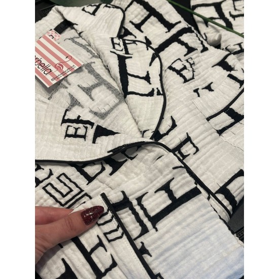 Uzun Kollu Pijamalar-White Müslin Letters Gömlek Pantolon Pijama Takımı Uzun Kollu Pijamalar-White Müslin Letters Gömlek Pantolon Pijama Takımı