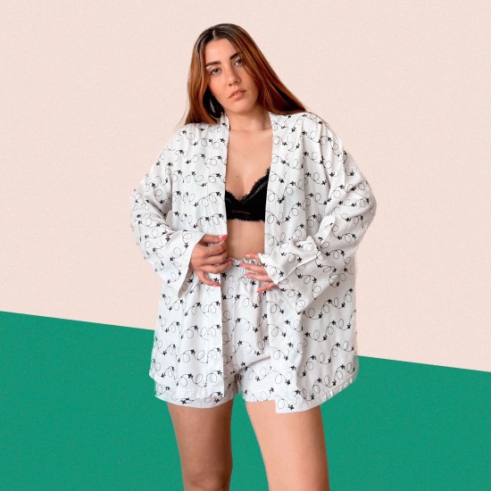 Şortlu Pijamalar-Beyaz Nakışlı Keten Kimono Takım Şortlu Pijamalar-Beyaz Nakışlı Keten Kimono Takım