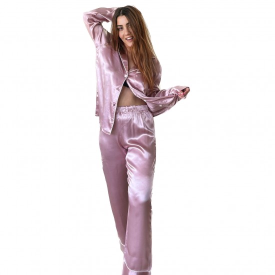 -Pembe Saten Uzun Kollu Pijama Takımı