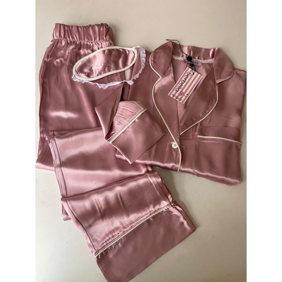 -Pembe Saten Uzun Kollu Pijama Takımı