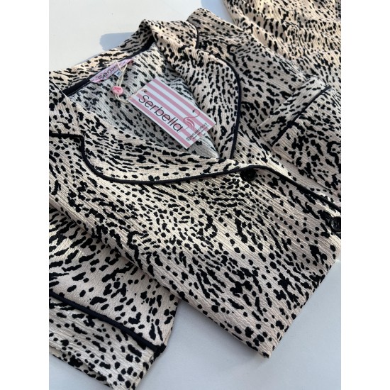 Kısa Kollu Pijamalar-Animal Leopar Gömlek Pantolon Pijama Takımı