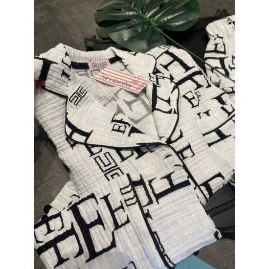 Uzun Kollu Pijamalar-White Müslin Letters Gömlek Pantolon Pijama Takımı Uzun Kollu Pijamalar-White Müslin Letters Gömlek Pantolon Pijama Takımı