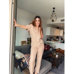 Kahve Puantiyeli Dokuma Pamuk Kısa Kollu Pijama Takımı