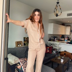 Kahve Puantiyeli Dokuma Pamuk Kısa Kollu Pijama Takımı
