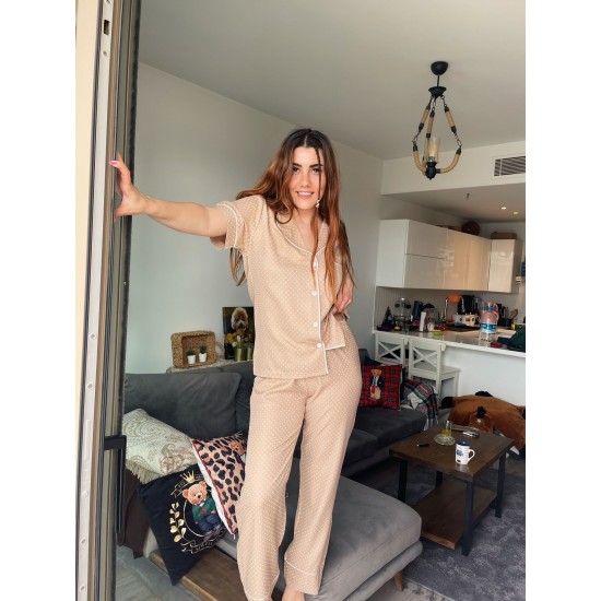 Kısa Kollu Pijamalar-Kahve Puantiyeli Dokuma Pamuk Kısa Kollu Pijama Takımı