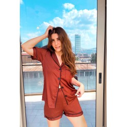 Kahve Puantiyeli İpeksi Şifon Saten Şortlu Takım