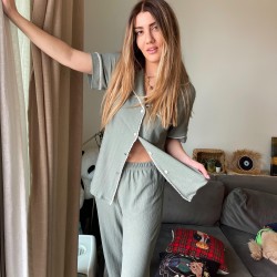Khaki Green Gömlek Pantolon Pijama Takımı