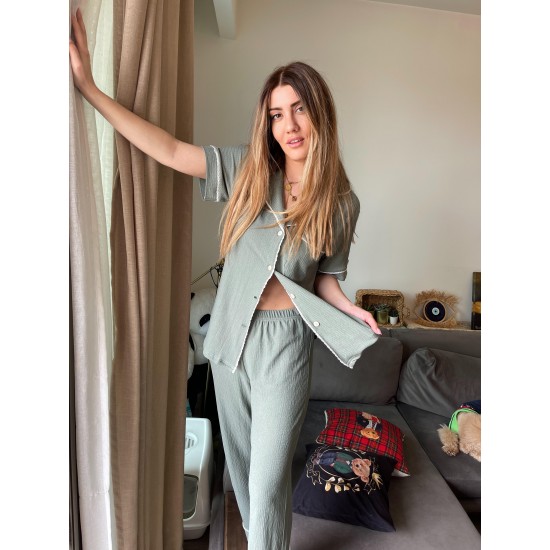Kısa Kollu Pijamalar-Khaki Green Gömlek Pantolon Pijama Takımı Kısa Kollu Pijamalar-Khaki Green Gömlek Pantolon Pijama Takımı