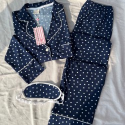 Lacivert Puantiye Desenli Örme Pazen Pijama Takım