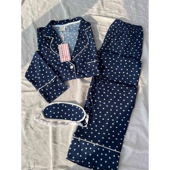 Lacivert Puantiye Desenli Örme Pazen Pijama Takım Lacivert Puantiye Desenli Örme Pazen Pijama Takım