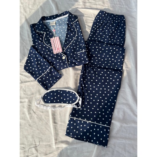 Lacivert Puantiye Desenli Örme Pazen Pijama Takım Lacivert Puantiye Desenli Örme Pazen Pijama Takım