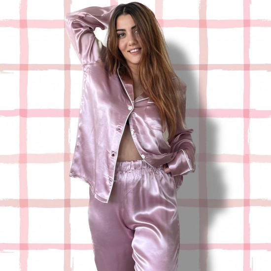 -Pembe Saten Uzun Kollu Pijama Takımı