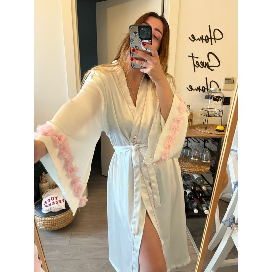 Luxury Özel Kutulu Saten Kimono Sabahlık Pembe Çiçekli