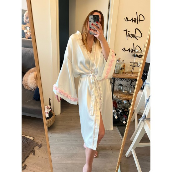 Luxury Özel Kutulu Saten Kimono Sabahlık Pembe Çiçekli