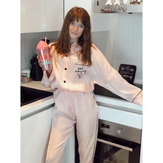 Uzun Kollu Pijamalar-Pudra Good Morning Pijama Takımı Uzun Kollu Pijamalar-Pudra Good Morning Pijama Takımı