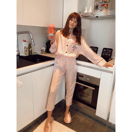 Uzun Kollu Pijamalar-Pudra Good Morning Pijama Takımı Uzun Kollu Pijamalar-Pudra Good Morning Pijama Takımı