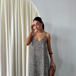 SANFORIZE KETEN KUMAŞ LEOPAR DESEN YAN YIRTMAÇLI CEP DETAYLI ELBİSE
