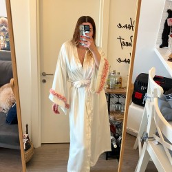 Luxury Özel Kutulu Saten Kimono Sabahlık Somon Çiçekli 