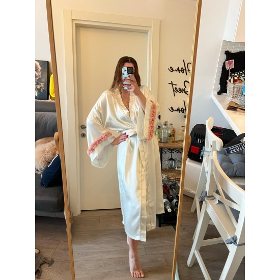Luxury Özel Kutulu Saten Kimono Sabahlık Somon Çiçekli