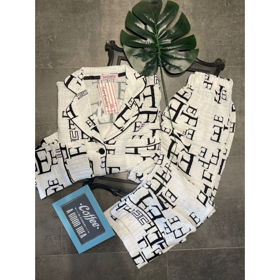 Uzun Kollu Pijamalar-White Müslin Letters Gömlek Pantolon Pijama Takımı Uzun Kollu Pijamalar-White Müslin Letters Gömlek Pantolon Pijama Takımı