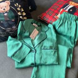 Yeşil Saten Uzun Kollu Pijama Takımı